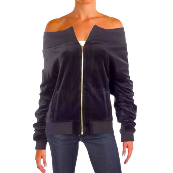 Juicy Couture Jackets & Blazers - Juicy couture black label velour off shoulder zip jacket black small